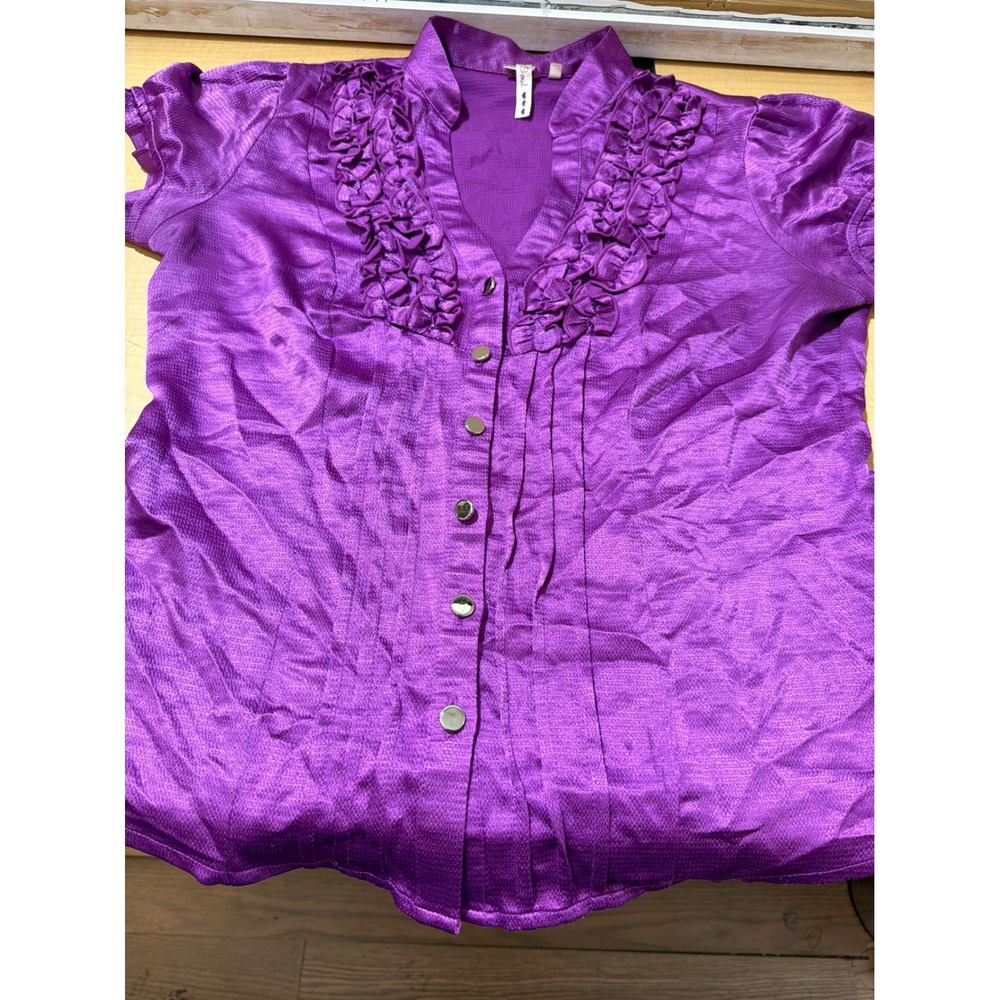 Heart Soul Purple Ruffle V-Neck Button Front Blouse Short Sleeve Textured Top XL